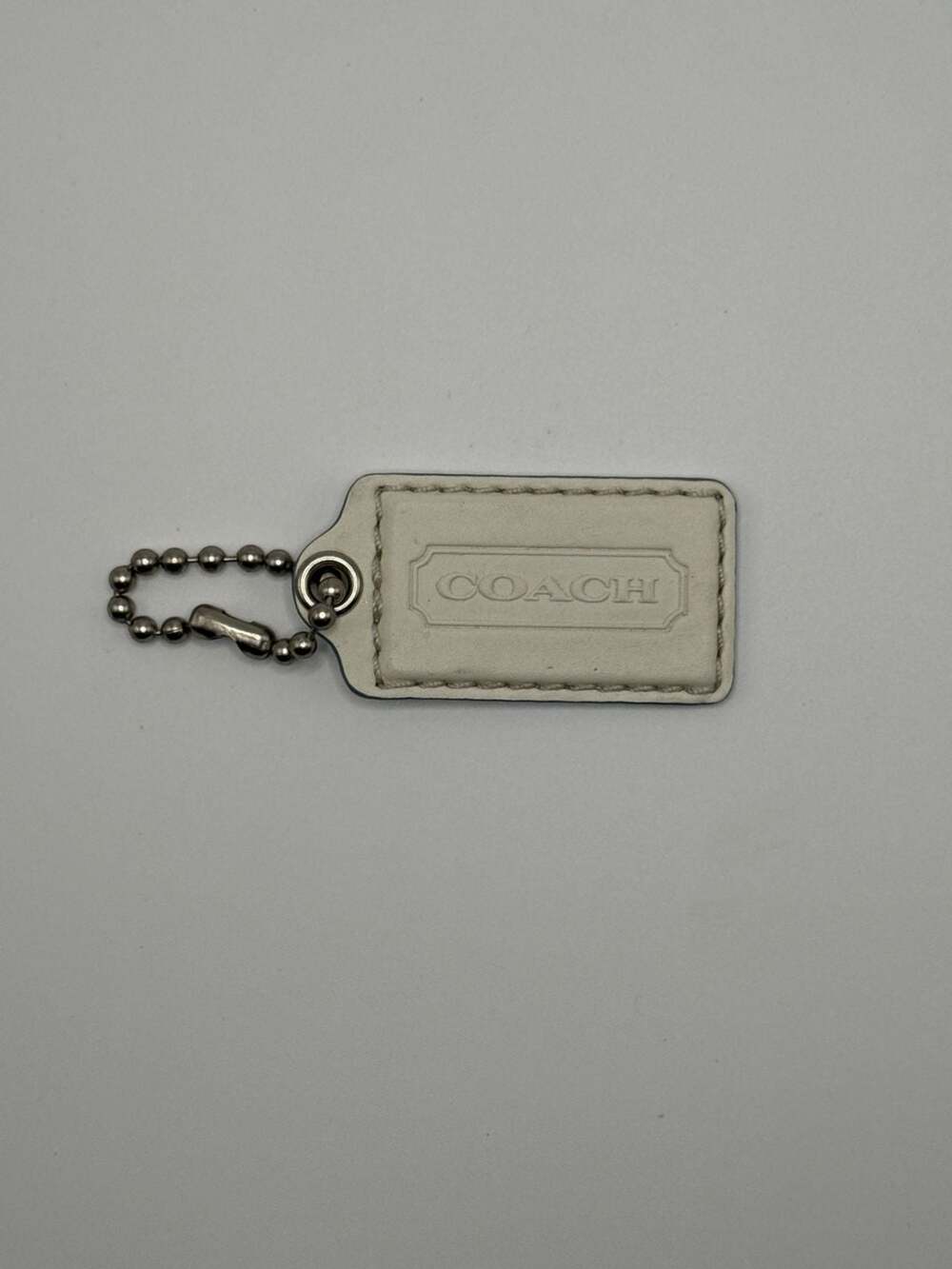 Coach White Leather Hangtag Keychain Purse Charm with Silver Chain